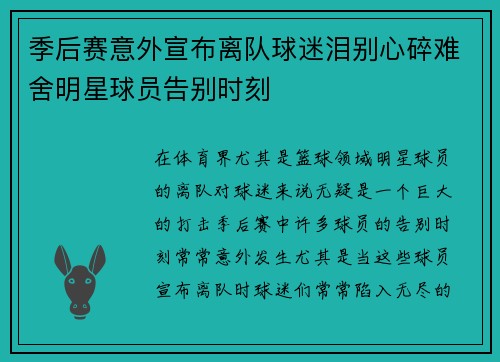 季后赛意外宣布离队球迷泪别心碎难舍明星球员告别时刻