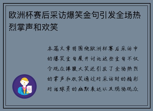 欧洲杯赛后采访爆笑金句引发全场热烈掌声和欢笑