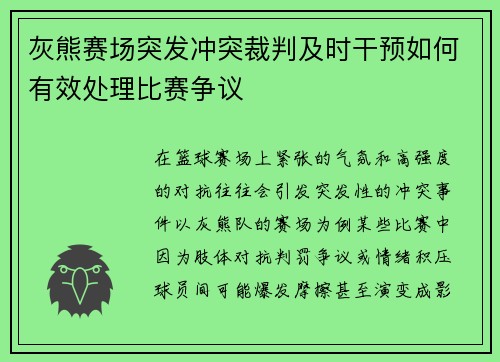 灰熊赛场突发冲突裁判及时干预如何有效处理比赛争议